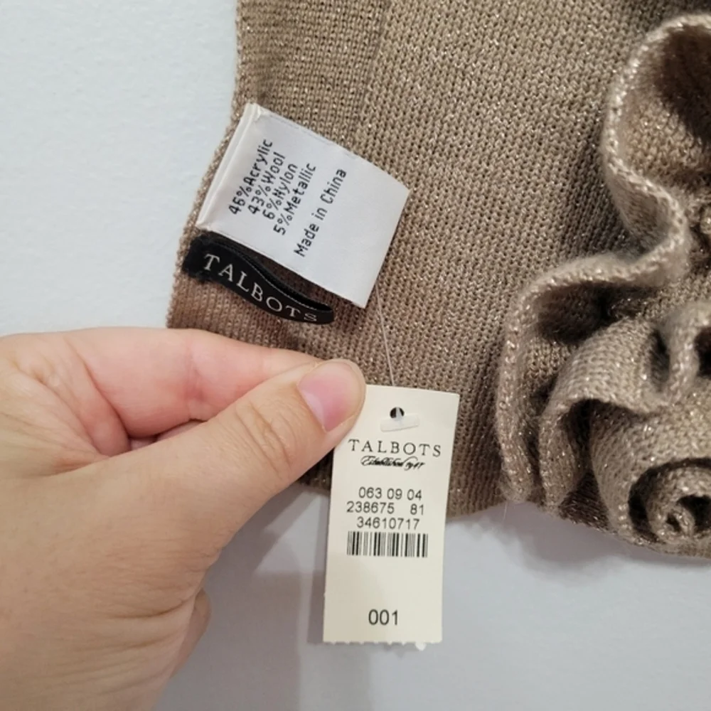 NWT Talbots Women's Scarf Wool Blend Metallic Gold‎ Tan Rosettes 3D Ruffles